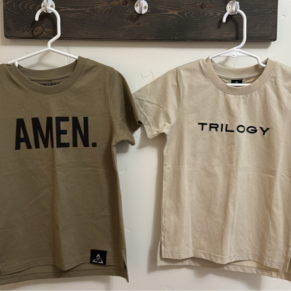 Trilogy & Amen Logo Tee - Beige and Olive kids size 5T Shirts